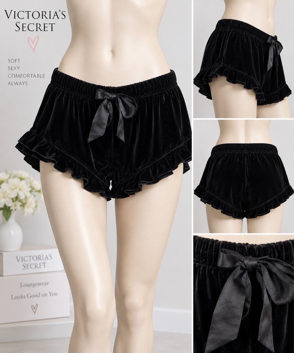 Victoria’s Secret Black Velvet Ruffle Sleep Shorts L Satin Bow Lounge Pajama